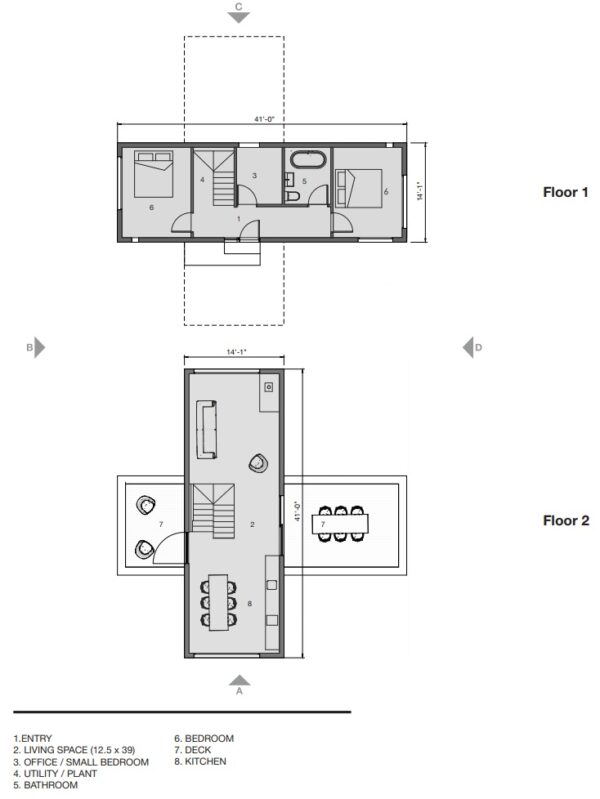 Home plan of 2-storey Prefab home with living room, kitchen, 2 bedrooms & 1 bathroom 1148 sqft project Koto LivingHome 1