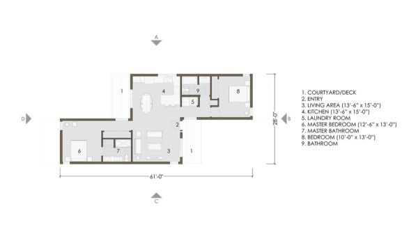 Home plan of Prefab home with living room, kitchen, laundry, 2 bedrooms & 2 bathrooms 1096 sqft project LivingHome 6.2