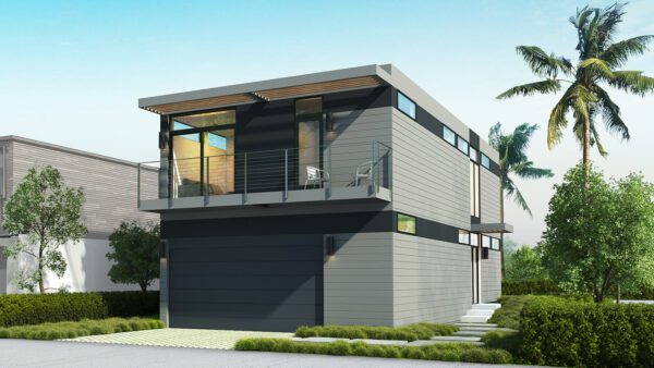 Exterior of 2-storey Prefab home with living room, kitchen, laundry, 3 bedrooms & 3 bathrooms 1779 sqft project LivingHome 4