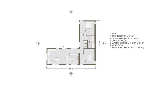 Home Plan of Prefab home with living room, kitchen, laundry, 2 bedrooms & 1 bathroom 958 sqft project LivingHome 6.3