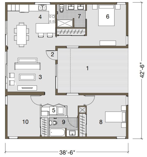 Home plan of Prefab home with living room, kitchen, laundry, 3 bedrooms & 2 bathrooms 1288 sqft project LivingHome 6