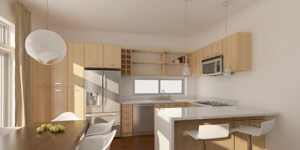 Interior of Prefab home with living room, kitchen, laundry, 3 bedrooms & 2 bathrooms 1288 sqft project LivingHome 6