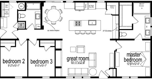 Floorplan of 1-story Home width 3 bedrooms 1369 sqft project Orchid 52 on USPrefabs.com