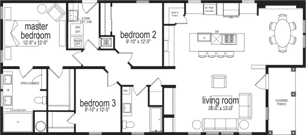 Floor plan of 1-story Home width 3 bedrooms 1510 sqft project Orchid 60B on USPrefabs.com