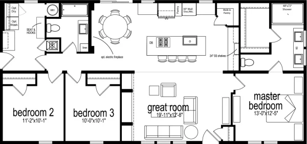 Floorplan of 1-story Home width 3 bedrooms 1474 sqft project Orchid 56 on USPrefabs.com