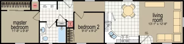 Floor plan of 1-story Home width 2 bedrooms 747 sqft project CM-2562L on USPrefabs.com