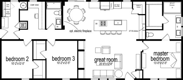 Floorplan of 1-story Home width 3 bedrooms 1580 sqft project Orchid 60A on USPrefabs.com